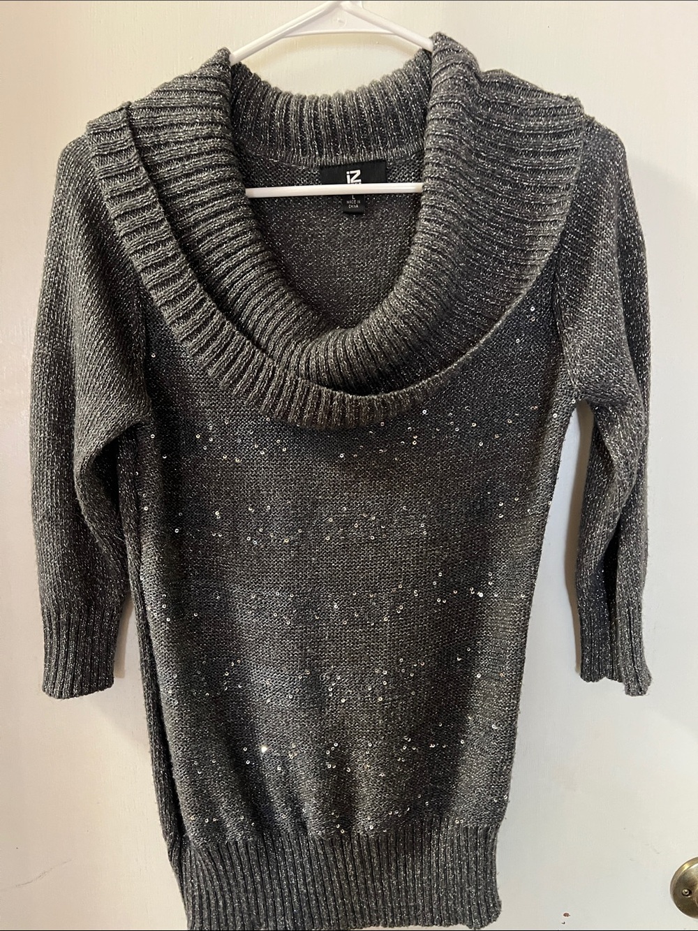 Iz Byer Charcoal Cowl Neck Sweater with Sequin Detail